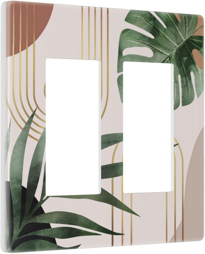 1970s Boho Mid Century Sun Bohemian Palm Leaf Minimalist Abstract Art 2 Gang Screwless Double GFCI Decorator/Rocker Outlet Light Switch Wall Plate Covers Decorative Dual Device Receptacle Faceplate