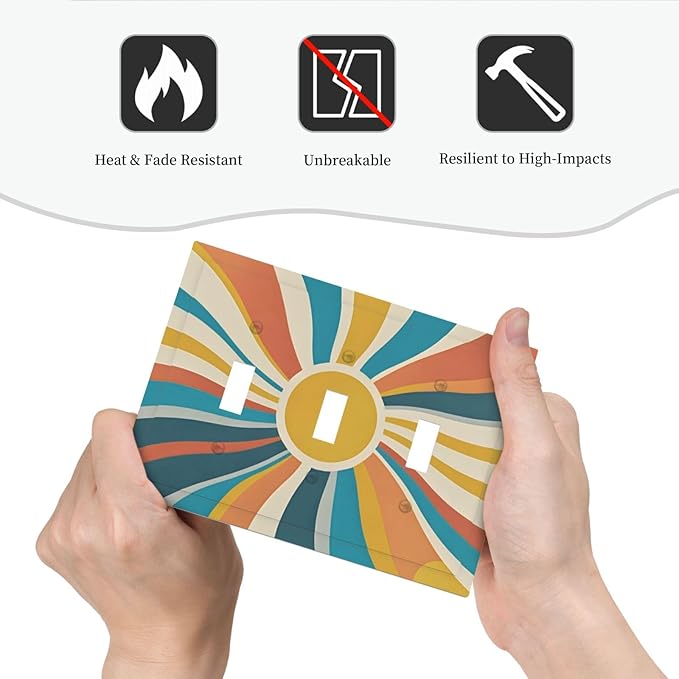 Decorative Switch Plate Cover with Retro Mid-Century Modern Sunburst Motif Design 3 Gang Artistic Wall Plate Unique Triple Toggle Light Switch Covers for Abstract Teal/Yellow/Orange Wall