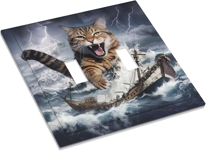 Decorative Light Switch Plate Covers Funny Cat Sea Ship Ocean Billow Wave Novelty 2 Gang Wall Plate Double Toggle Switch Cover Plate Electric Dual Device Electrical Faceplate