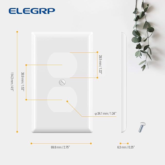 ELEGRP Duplex Receptacle Outlet Covers, 1-Gang Standard Size Wall Plates, Unbreakable Polycarbonate Dual Outlet Faceplates Covers, UL Listed, Color-matched Screws Included (100 Pack, Glossy White)