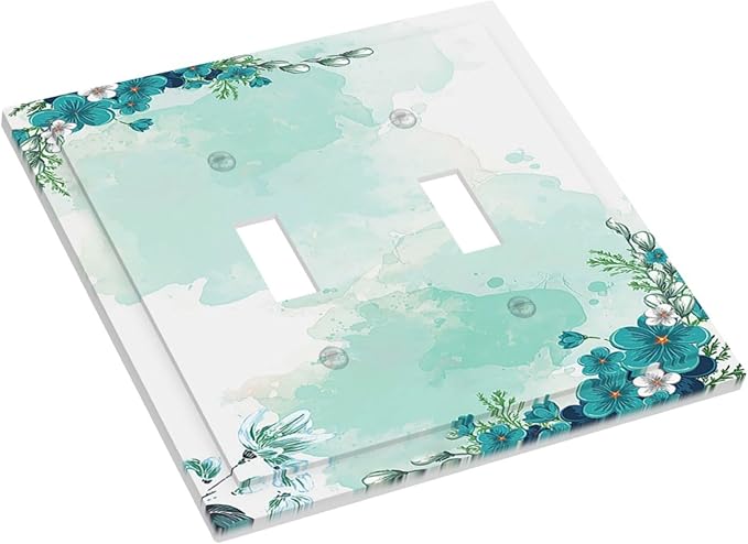 Decorative Switch Plates Blue Green Flowers Light Green Watercolor Patterns 2 Gang Double Toggle Wall Plate Outlet Light Switch Cover Electrical Faceplate for Bedroom Home Decor