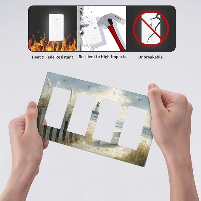Sea Beach 4 Gang Light Switch Cover Old Ship Reed Lighthouse Seascape Quad Rocker Outlet Covers Switchplates Wall Plate Decorative Faceplate for Bedroom Kitchen Living Room Decor