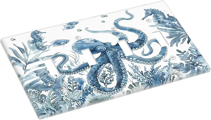 Blue Octopus Squid Seahorse Coral Watercolor Wild Sealife Light Switch Covers Quad Toggle Electrical Faceplate 4 Gang Wall Plate Decorative Switch Plates for Bathroom Kids Room Decor