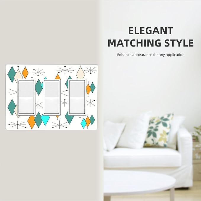 Teal/Green/Aqua/Blue/Orange Geometric Triple Decorator Light Switch Cover 3-Gang 60S Boho Atomic Diamond Decorative GFCI/Rocker Device Switch Wallplate Faceplate Cover for Dimmer Screwless, USB Outlet
