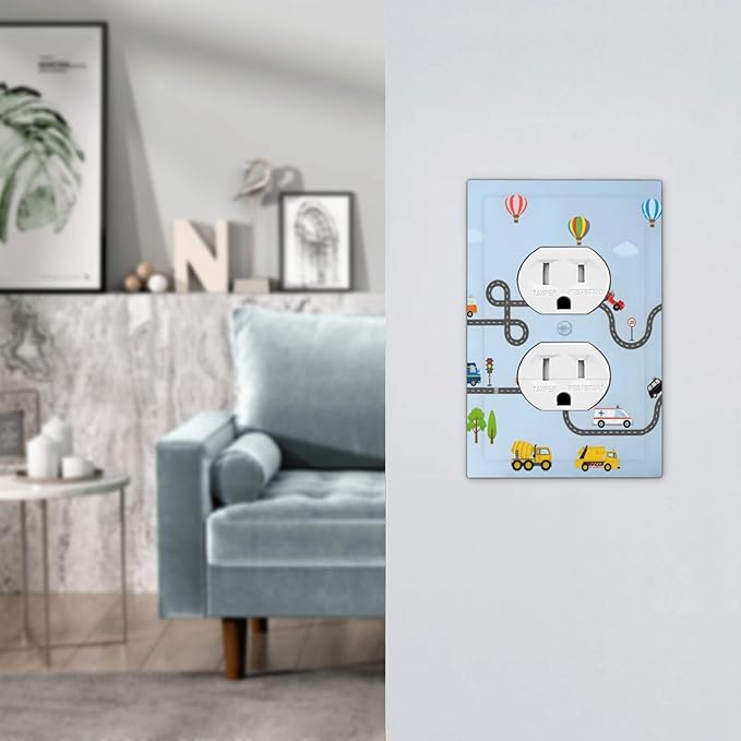 Road Construction Car Truck Hot Air Balloon Outlet Covers 1 Gang Duplex Light Switch Cover Decorative Switch Plates Electrical Receptacle Faceplate Wall Plate for Nursery Kids Room Decor
