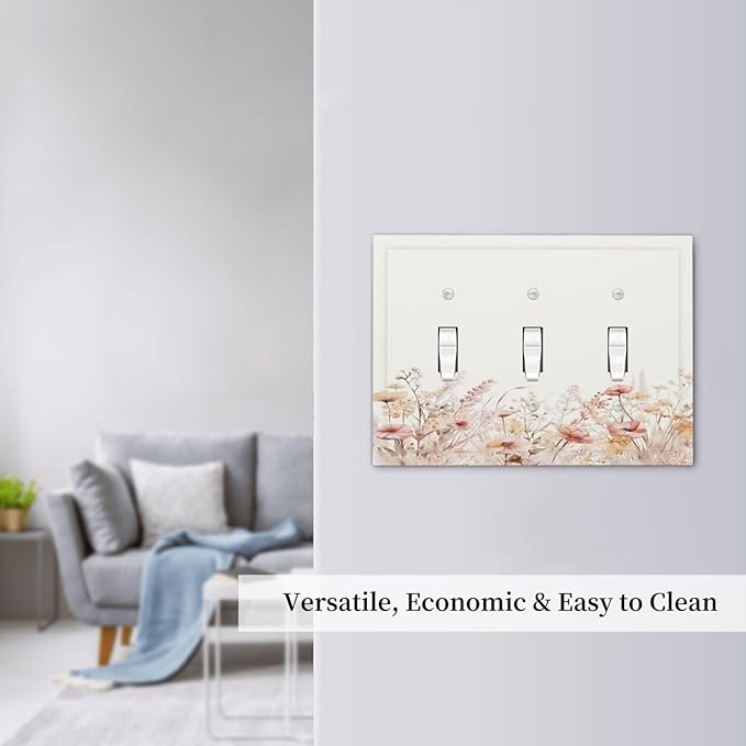 Decorative Light Switch Cover Plate Boho Floral Watercolor Flower Pattern 3 Gang Wall Plate Triple Toggle Switch Plate Covers Electrical Outlet Cover for living Room Home Decor