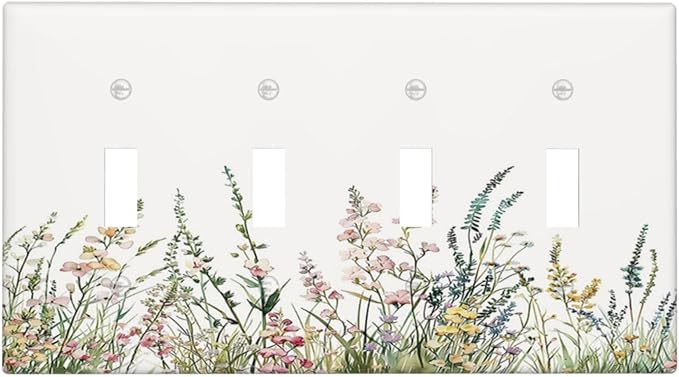 Light Switch Covers Boho Wildflower Green Leaves Rustic Floral Botanical Quad Toggle 4 Gang Wall Plate Electrical Faceplate Decorative Switch Plates for Bedroom living Room Decor