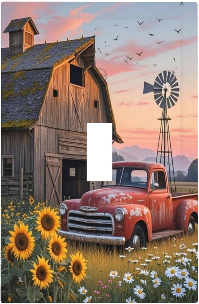 Rustic Barn Red Truck Windmill Sunflower Decorative Light Switch Cover 1 Gang Single Toggle Device Electrical Faceplate Switchplates Decorator Outlet Wall Plate for Farmhouse Home Decor
