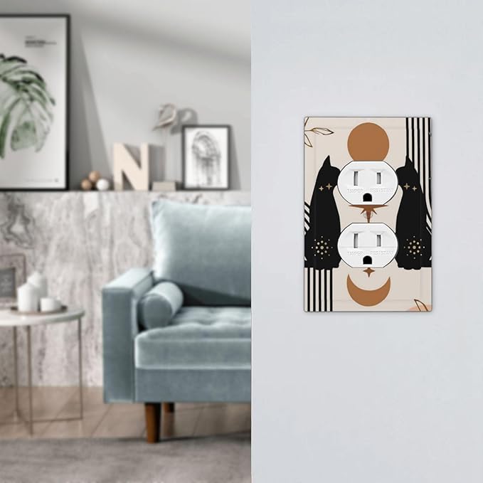 1 Gang Single Duplex Receptacle Outlet Cover Witchy Mystic Boho Mid Century Black Cat Moon Phase Lovely Leaf Animal Electrical Wall Plate One Gang Dual Device Light Switch Faceplate Socket Plug Cover