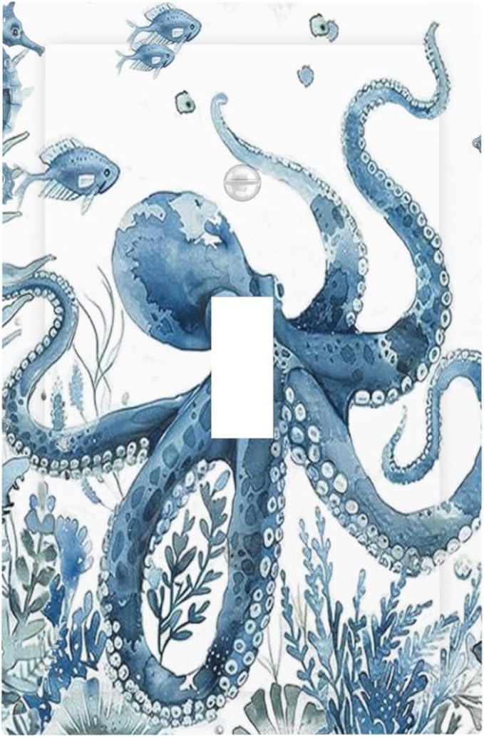Blue Octopus Squid Seahorse Coral Watercolor Wild Sealife Decorative Light Switch Cover 1 Gang Single Toggle Device Electrical Faceplate Switchplates Decorator Outlet Wall Plate for Bathroom Kids Room