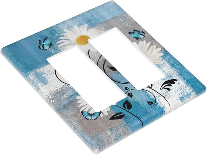 Rustic Daisy Teal Blue Floral Vintage Plant 2 Gang Rocker Decora Light Switch Covers Dual Outlet Covers Wall Plate Decorative Switchplate Electrical Faceplate GFCI for Farmhouse Bathroom Bedroom Decor