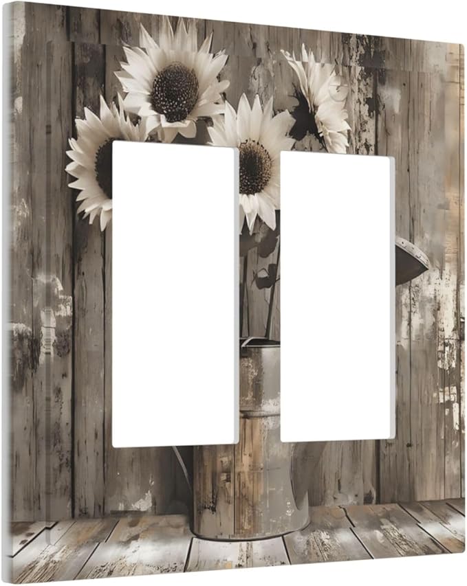 Rustic Floral Country Sunflower Daisy Old Wooden Boards Decorative Outlet Covers 2 Gang Double GFCI Rocker Electrical Wall Panels Light Switch Cover Plate for Farmhouse Home Decor