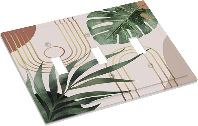 Mid Century Boho Mid Size 3 Gang Triple Toggle Light Switch Cover Wallplate Minimalist Aesthetic Art Abstract Tropical Green Palm Leaves Decorative Outlet Cover Electrical Faceplate Switch Face Plate