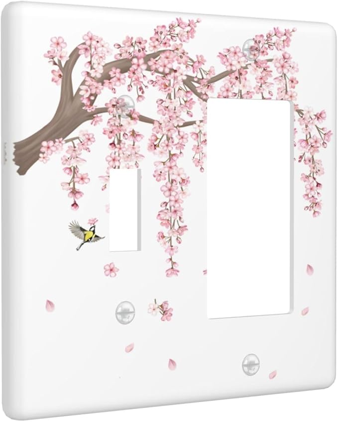 Pink Flower Tree Branch Cherry Blossom Tree Floral Birds Outlet Covers 1 Toggle 1 Rocker Combination Decorative Wall Plate Electrical Switch Plates Light Switch Cover Plate for Bedroom Living Room