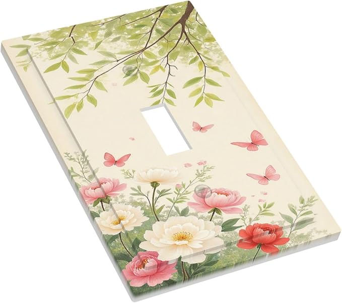 Decorative Light Switch Cover Garden Flowers Green Leaves And Butterflies 1 Gang Single Toggle Decorator Outlet Wall Plate Device Electrical Faceplate Switchplates for Bedroom Cabin Decor