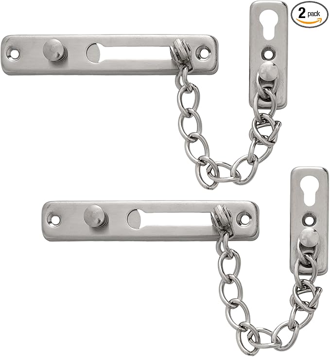 Topbuti Chain Door Guard Lock, 2 Packs Security Door Chain Locks with Spring Button Latch, Hotel Doors Latches Front Doors Locks for Kids Safety (Brushed Silver)