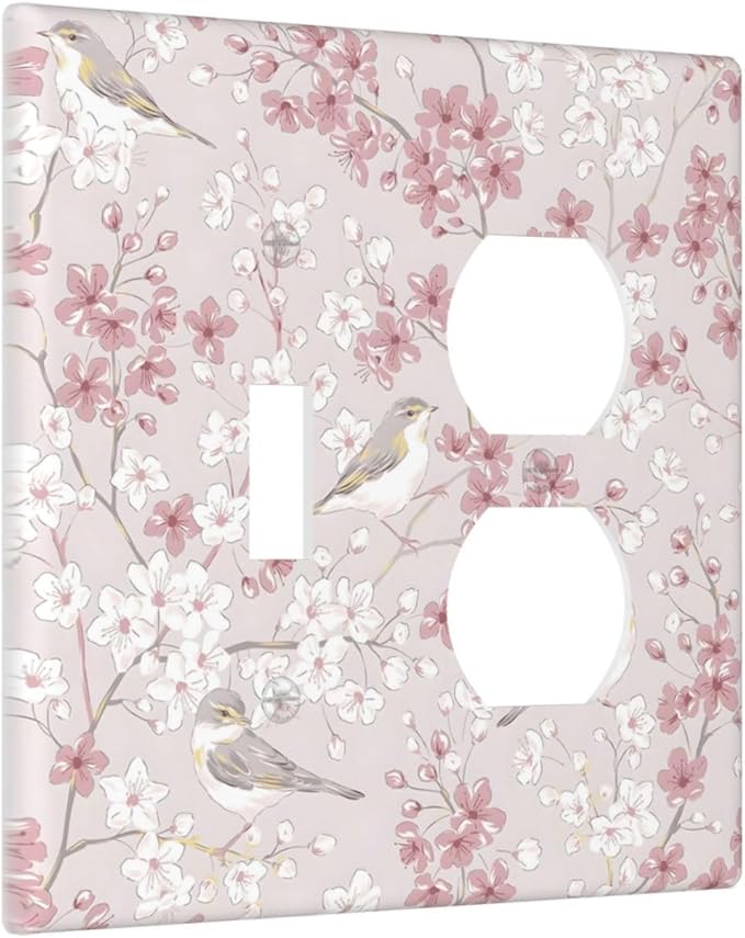 Pink Sakura Cherry Blossom Vintage Bird Floral Flower Wallplates 1 Toggle 1 Duplex Switch Plate Electrical GFCI Faceplate Decorative Light Switch Covers for Bedroom Living Room Decor