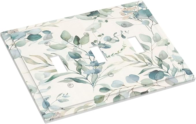 Boho Green White Eucalyptus Leaf Floral Decorative Switch Plates 3 Gang Wall Plate Triple Toggle Light Switch Cover Faceplate Electrical Wall Panels for Farmhouse Living Room Decor