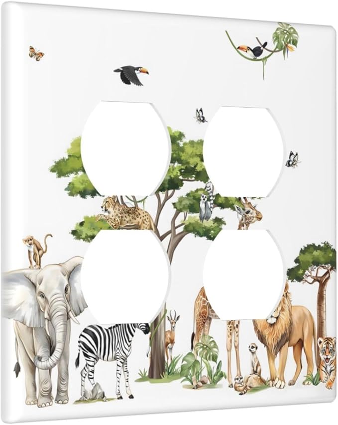 Large Animals Elephant Giraffe Jungle Lion Leopard Zebra Outlet Covers 2 Gang Double Duplex Decorative Light Switch Covers Electrical Wallplates Socket Faceplate for Kids Room Nursery Decor