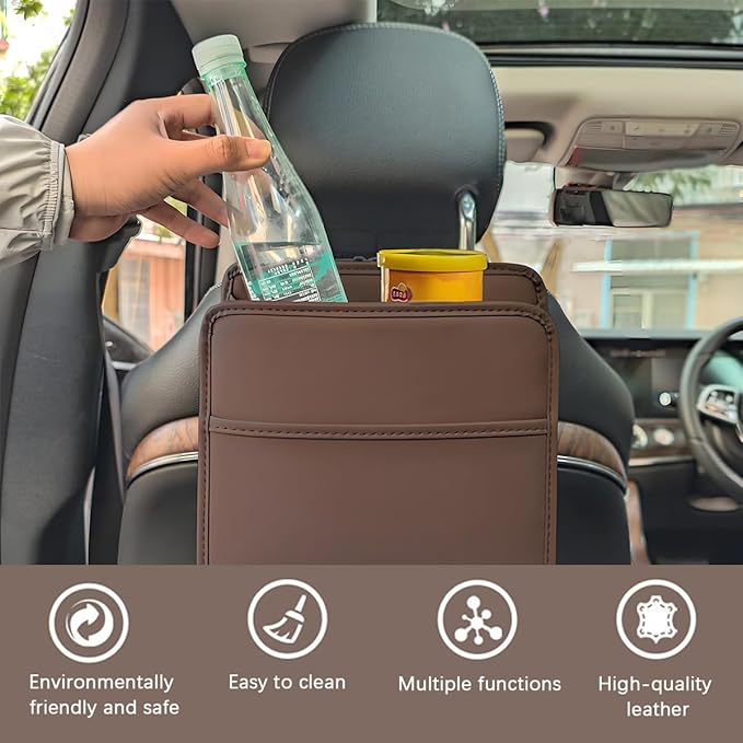 Zpana Car Seat Back Organizer, Leather Multipurpose Hanging Vehicle Backseat Headrest Storage Bag, Automotive Pouch Pocket Organizer for Kids & Adults, Universal for Truck SUV Sedan (Black)