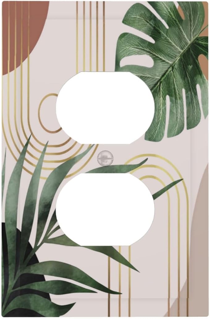 70s Tan Beige Boho Bohemian Palm Leaf 1-Gang Duplex Receptacle Wall Plate Outlet Cover Mid Century Botanical Aesthetic Abstract Art Sun Electrical One Gang Device Light Switch Faceplate Socket Cover