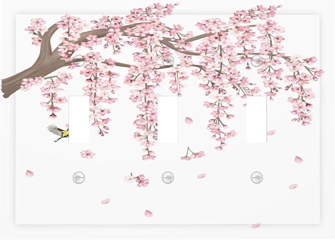 Pink Flower Tree Branch Cherry Blossom Tree Floral Birds Decorative Switch Plates 3 Gang Wall Plate Triple Toggle Light Switch Cover Faceplate Electrical Wall Panels for Bedroom Living Room Decor
