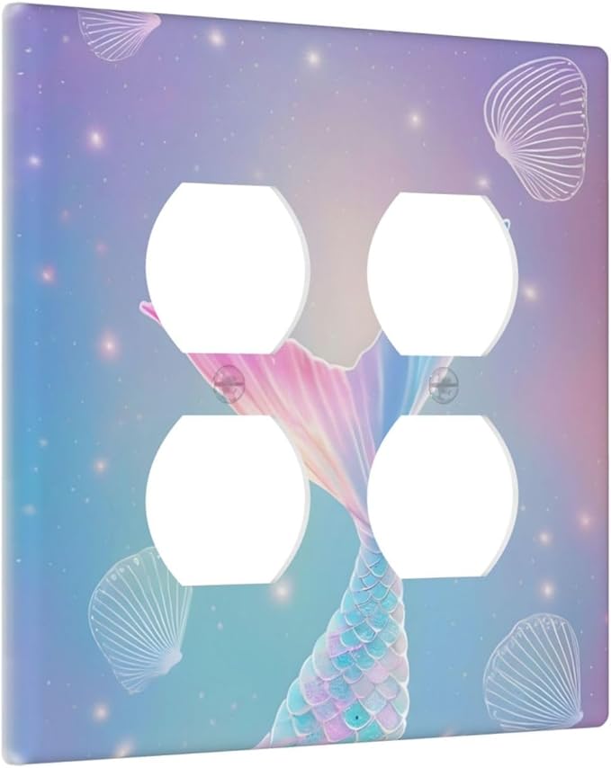 Cute Mermaid Pink Tail Scales Shells Colorful Ocean Outlet Covers 2 Gang Double Duplex Decorative Light Switch Covers Electrical Wallplates Socket Faceplate for Kids Room Nursery Decor