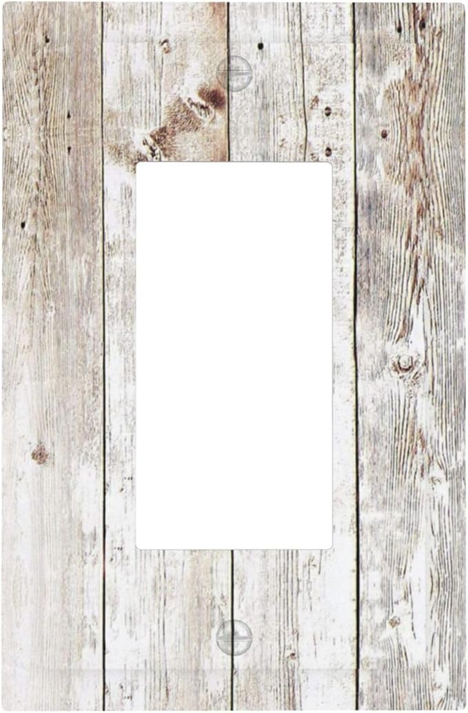 Vintage Light Wood Retro Rustic White Gray Oak Print Decorative Outlet Covers 1 Gang Single Rocker Light Switch Cover Plate Wall Plates GFCI Faceplate for Farmhouse Home Decor