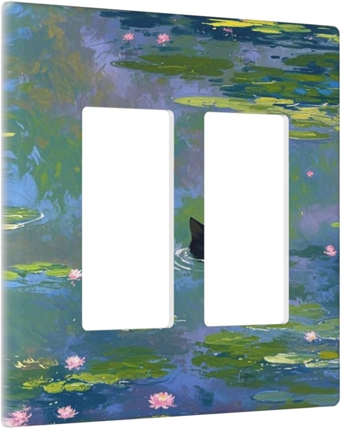 Decorative Outlet Covers Cute Black Cat Water Lily Pond Watercolor 2 Gang Double Rocker Light Switch Cover Decorative Switch plates Electrical Wallplates GFCI Receptacle for Kids Room Nursery
