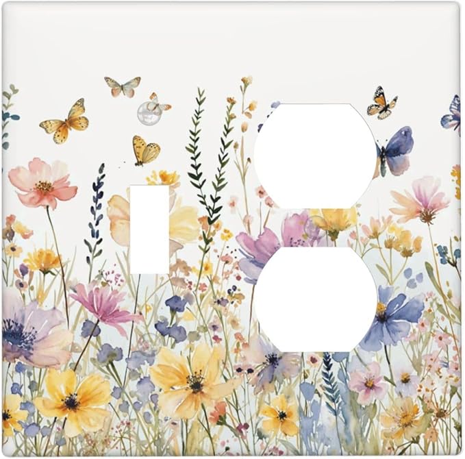 Wildflowers Colorful Flower Butterfly Floral Wallplates 1 Toggle 1 Duplex Switch Plate Electrical GFCI Faceplate Decorative Light Switch Covers for Farmhouse Bedroom Decor