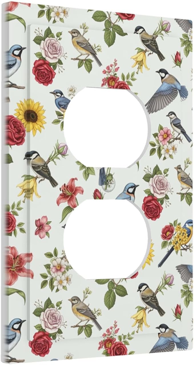 Vintage Birds & Blooms Duplex Wall Plate - 1-Gang Standard US Size English Countryside Chintz Outlet Covers, Botanical Floral & Songbird for Bedroom Decor