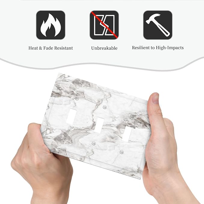 White And Gray Marble Patterns Texture Abstract Print Decorative Switch Plates 3 Gang Wall Plate Triple Toggle Light Switch Cover Faceplate Electrical Wall Panels for Bathroom Kitchen Decor