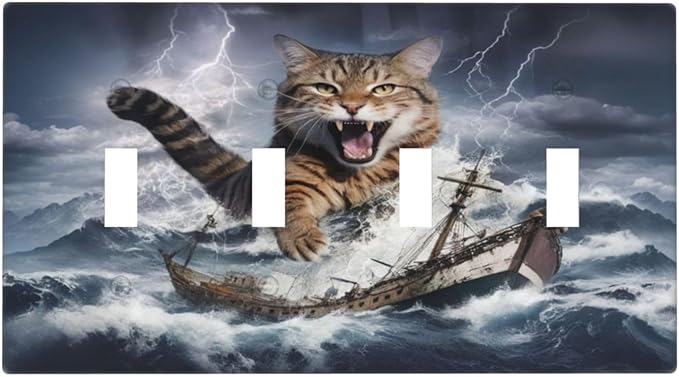 Decorative Light Switch Plate Covers Funny Cat Sea Ship Ocean Billow Wave Novelty 4 Gang Wall Plate Switch Cover Plate Quad Toggle Jumbo Electrical Faceplate for Kitchen Decor