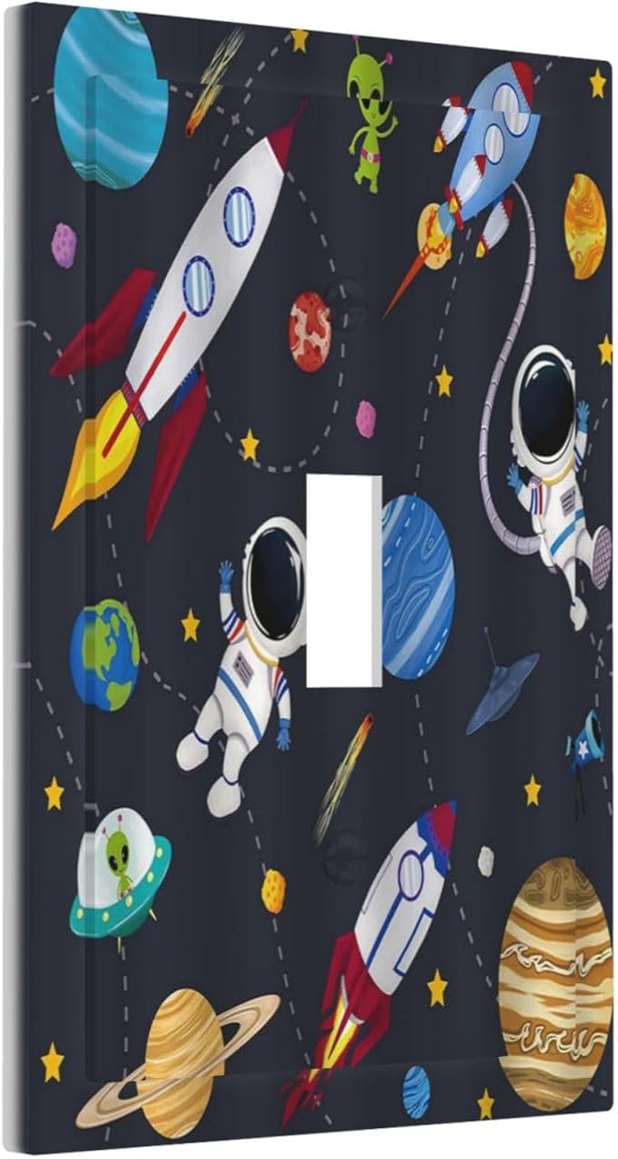 Rocket Planets Astronaut Blue Decorative 1 Gang Single Toggle Light Switch Covers Decorative Wall Plate Switchplate Electrical Faceplate for Nursery Kidsroom Bedroom Decor