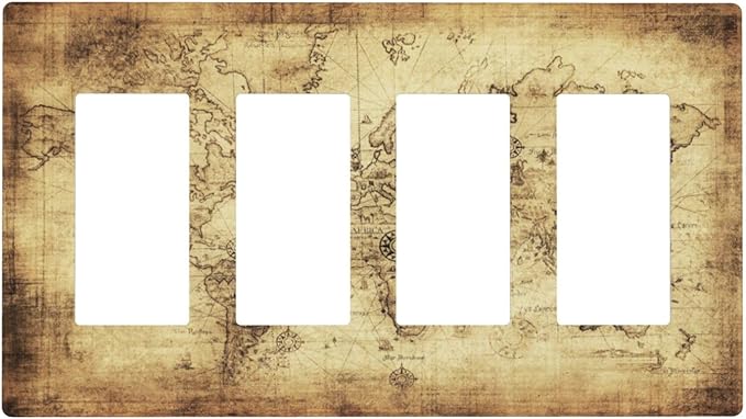 Old World Ocean Map 4 Gang Quad Rocker Light Switch Cover Plate Decorative Electric Faceplate Switchplate Living Room Bedroom Decorate Jumbo Screwless