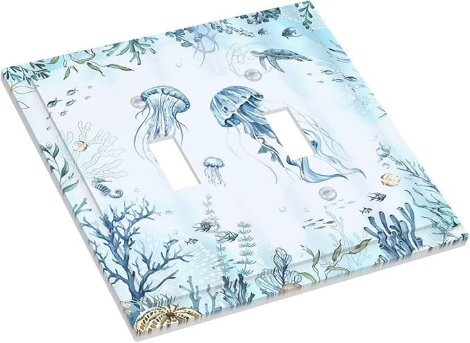Decorative Switch Plates Jellyfish Teal Blue Ocean Turtle Coastal Beach 2 Gang Double Toggle Wall Plate Outlet Light Switch Cover Electrical Faceplate for Bedroom Bathroom Decor