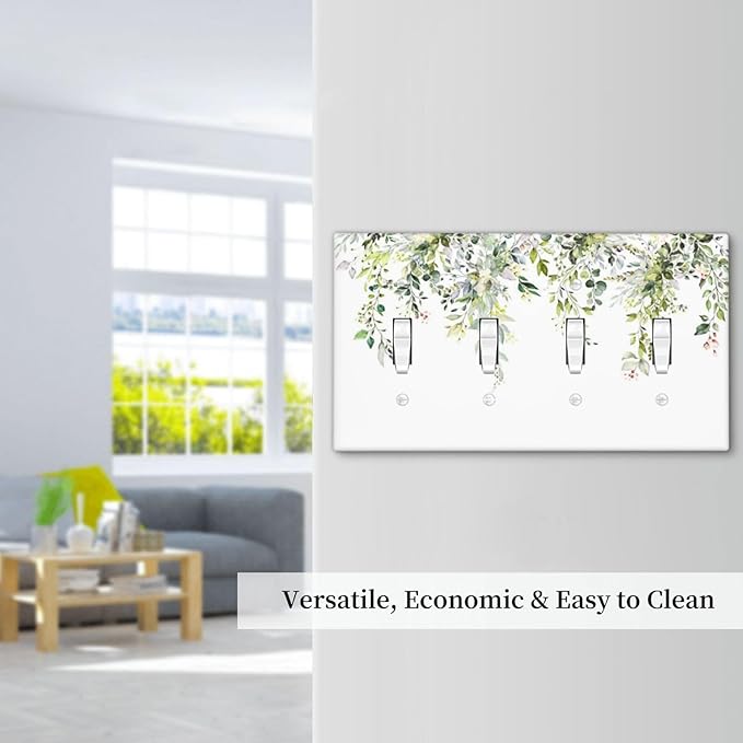 Light Switch Covers Green Eucalyptus Leaves Floral Wildflower Quad Toggle Electrical Faceplate 4 Gang Wall Plate Decorative Switch Plates For Bed Room Living Room Decor