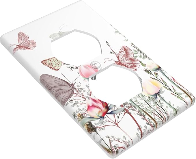1-Gang Duplex Outlet Wall Plate, Pink Vintage Wildflower & Butterfly Printed Pattern Outlet Cover, Boho Cottage Decor for Bathroom Bedroom