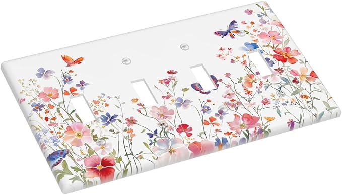 Colorful Flower Watercolor Floral Butterfly Bird Light Switch Covers Quad Toggle Electrical Faceplate 4 Gang Wall Plate Decorative Switch Plates Cover for Bedroom Living Room Decor