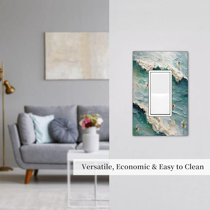 Beach Waves Ocean Surfing Hoverboard Painting Print Decorative Outlet Covers 1 Gang Single Rocker Light Switch Cover Plate Wall Plates GFCI Faceplate for Bedroom Living Room Decor