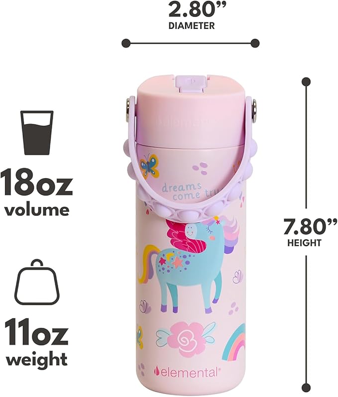 Elemental 100% Leak Proof When Spout is Closed Insulated Kids Water Bottle, Stainless Steel Bottle for School with Straw Lid & Pop-It Handle, Pink Tie Dye & Unicorn Rainbow -18oz (2 Pack)