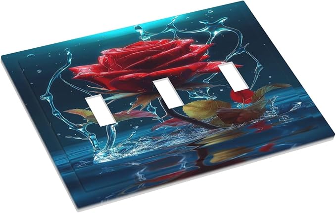 Red Rose Blue Water Drips 3 Gang Light Switch Plate Decorative Triple Toggle Wall Plate Cover Electrical Faceplate Switchcover for Kidroom Bathroom Home Bedroom Art Panel Decor
