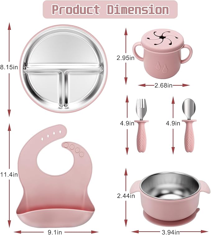MISSLILI Stainless Steel Kids Plates and Bowls Set with Suction, Divided Baby Plate and Toddler Bowl with Removable Silicone Suction,Stainless Steel Weaning Bundle, Silicone Baby Feeding Set (Pink)