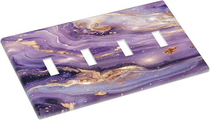 Luxury Marble Texture Purple And Gold Abstract Print Light Switch Covers Quad Toggle Electrical Faceplate 4 Gang Wall Plate Decorative Switch Plates Cover for Bathroom Home Decor