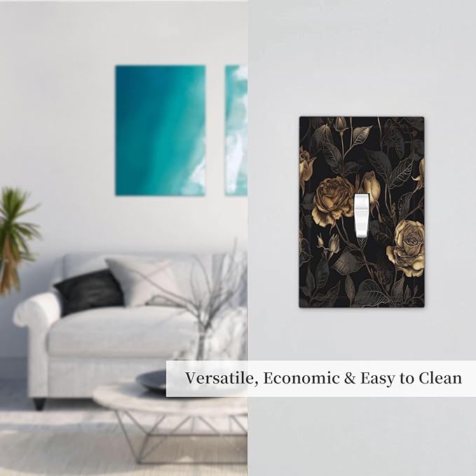 Black Floral Dark Vintage Gold Rose Flower Decorative Light Switch Cover 1 Gang Single Toggle Device Electrical Faceplate Switchplates Decorator Outlet Wall Plate for Bedroom Living Room Decor