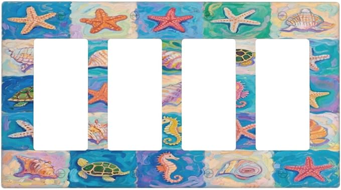 Sea Turtle Starfish Ocean Quad Rocker Wall Plate Decorative 4 Gang Light Switch Covers Electrical Switchplate Home Decorate Faceplat for Bathroom Bedroom Kitchen Room 4.5 x 8 Inch