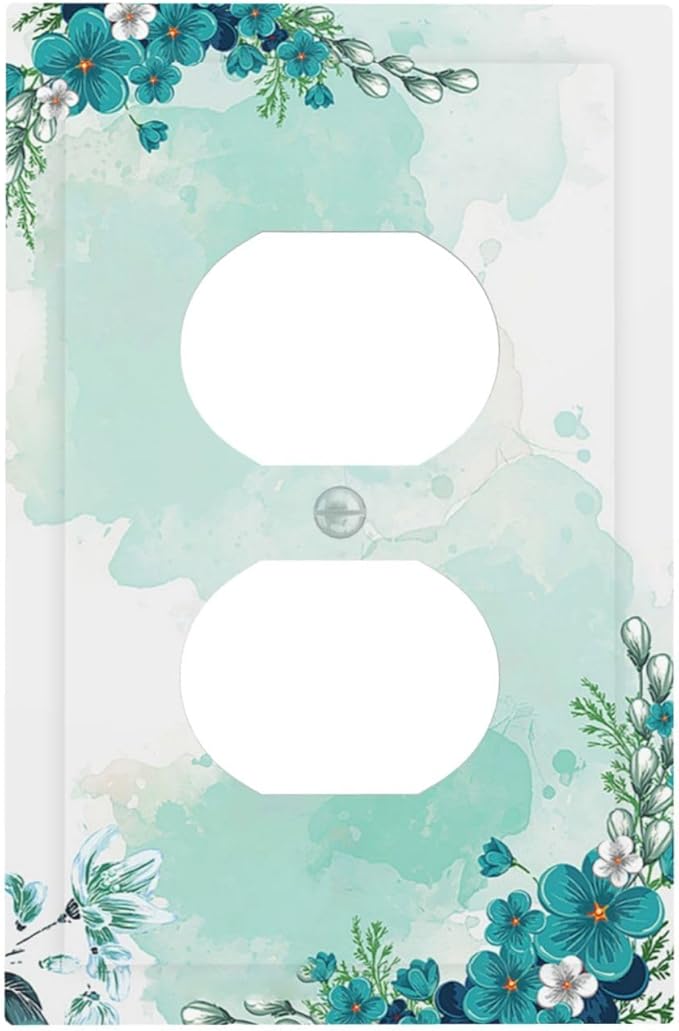 Outlet Covers Blue Green Flowers Light Green Watercolor Patterns 1 Gang Duplex Light Switch Cover Electrical Receptacle Faceplate Wall Plate Decorative Switch Plates for Bedroom Home