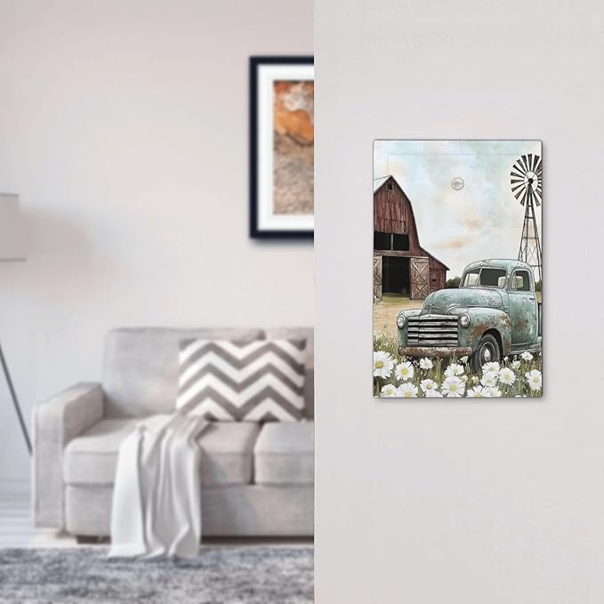 Retro Trucks Old Barn Windmill Teal Car Rustic Light Switch Cover Plate 1 Gang No Device Blank Electrical Wall Plates Faceplate Decorative Switch Plate for Farmhouse Home Decor