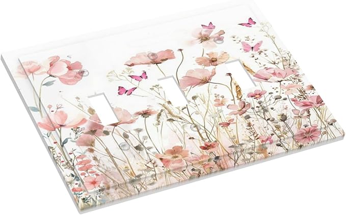 Boho Floral Watercolor Pink Wildflower Butterfly Decorative Switch Plates 3 Gang Wall Plate Triple Toggle Light Switch Cover Faceplate Electrical Wall Panels for Bedroom Living Room Decor