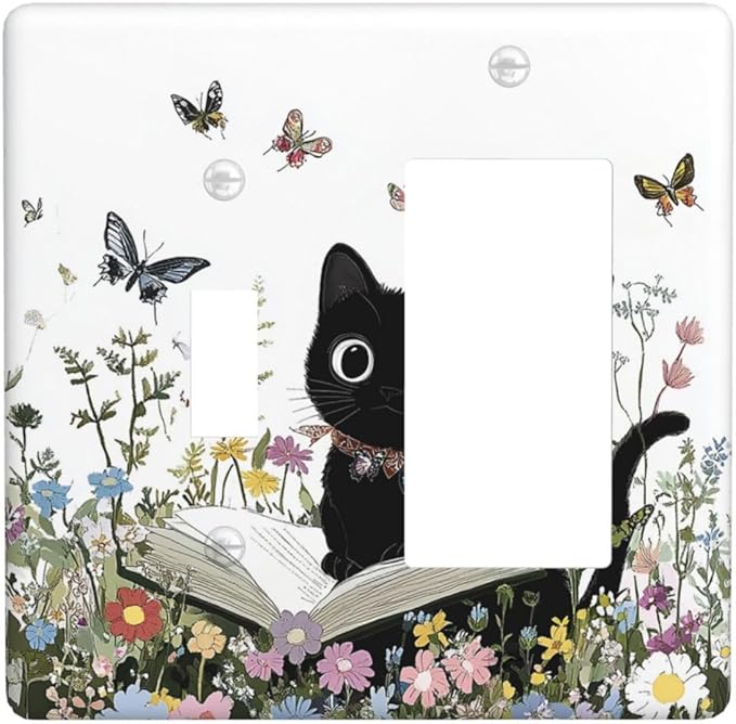 Outlet Covers Cute Cat Wildflowers Boho Flowers Floral 1 Toggle 1 Rocker Combination Decorative Wall Plate Electrical Switch Plates Light Switch Cover Plate For Nursery Kids Room Decor